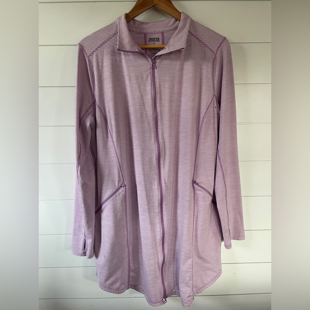 DULUTH TRADING Swim Coverup XL Lilac and white stripes, slant pockets.